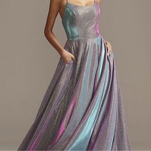 David's Bridal Green and Purple Pleated Prom Gown